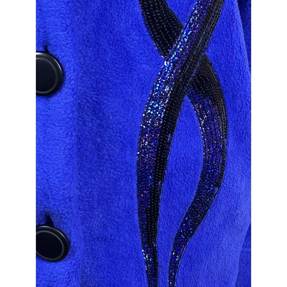 Royal Blue Fleece Sequin Swirl Shawl Collar Button Up Jacket Cardigan Women L